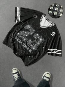 PAVTROS Manfinity Streetrush 男士夏季休闲水钻数字印花短袖 T 恤男士 Y2k 服装黑色 Y2k 衬衫男士水钻衬衫男士图案 T 恤男士黑色短款上衣、嘻哈街头、男友礼物、街头潮流男士 - 彩色 - 查看 1