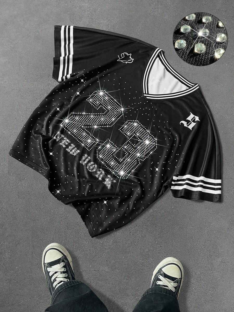 PAVTROS Manfinity Streetrush 男士夏季休闲水钻数字印花短袖 T 恤男士 Y2k 服装黑色 Y2k 衬衫男士水钻衬衫男士图案 T 恤男士黑色短款上衣、嘻哈街头、男友礼物、街头潮流男士 - 彩色 - 查看 1