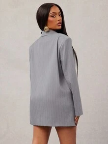 Radiana Conjunto de traje gris a rayas oversize de moda para mujer, chaqueta tipo blazer con hombros acolchados y falda de cintura baja en 2 piezas (incluye leggings anti-exposición), adecuado para salidas casuales, ir al trabajo, fiestas, citas en otoño/invierno