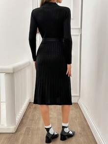 SHEIN Tall Belted Detailed Rib-Knit Solid Color Casual Frenchy Sweater Dress - Black - View 4