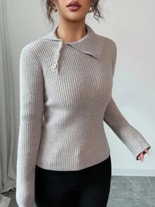 Elenzga Women's Oblique Button Collar Pullover Sweater Fall Winter Cloth For Women - Champagne - View 7