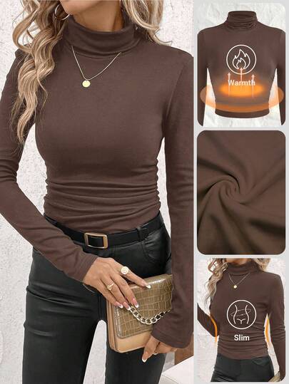 SHEIN Clasi Damska ciepła koszulka z aksamitu z marszczeniami i stójką, ściągaczem w pasie