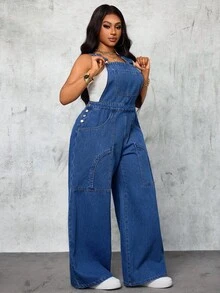 Slaydiva Plus Size Women Cowgirl Outfit Blue Denim Loose Fit Bib Overall Pants, Rodeo Outfits For Women Autumn