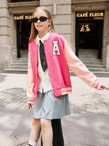 SHEIN Explorewe Veste de baseball à imprimé graphique et blocs de couleurs pour fille, à la mode et polyvalente, idéale pour l'école, le quotidien, les trajets domicile-travail, l'automne et l'hiver.