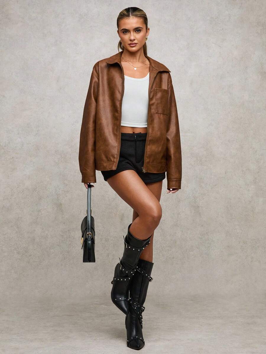 SHEIN BAE 女士纯色拉链休闲百搭长袖夹克棕色仿皮斑驳纹理腰带下摆机车夹克复古做旧皮革冬季女式夹克感恩节女式冬季女式外套圣诞节女式圣诞冬季夹克 - 鏽棕色 - 查看 1