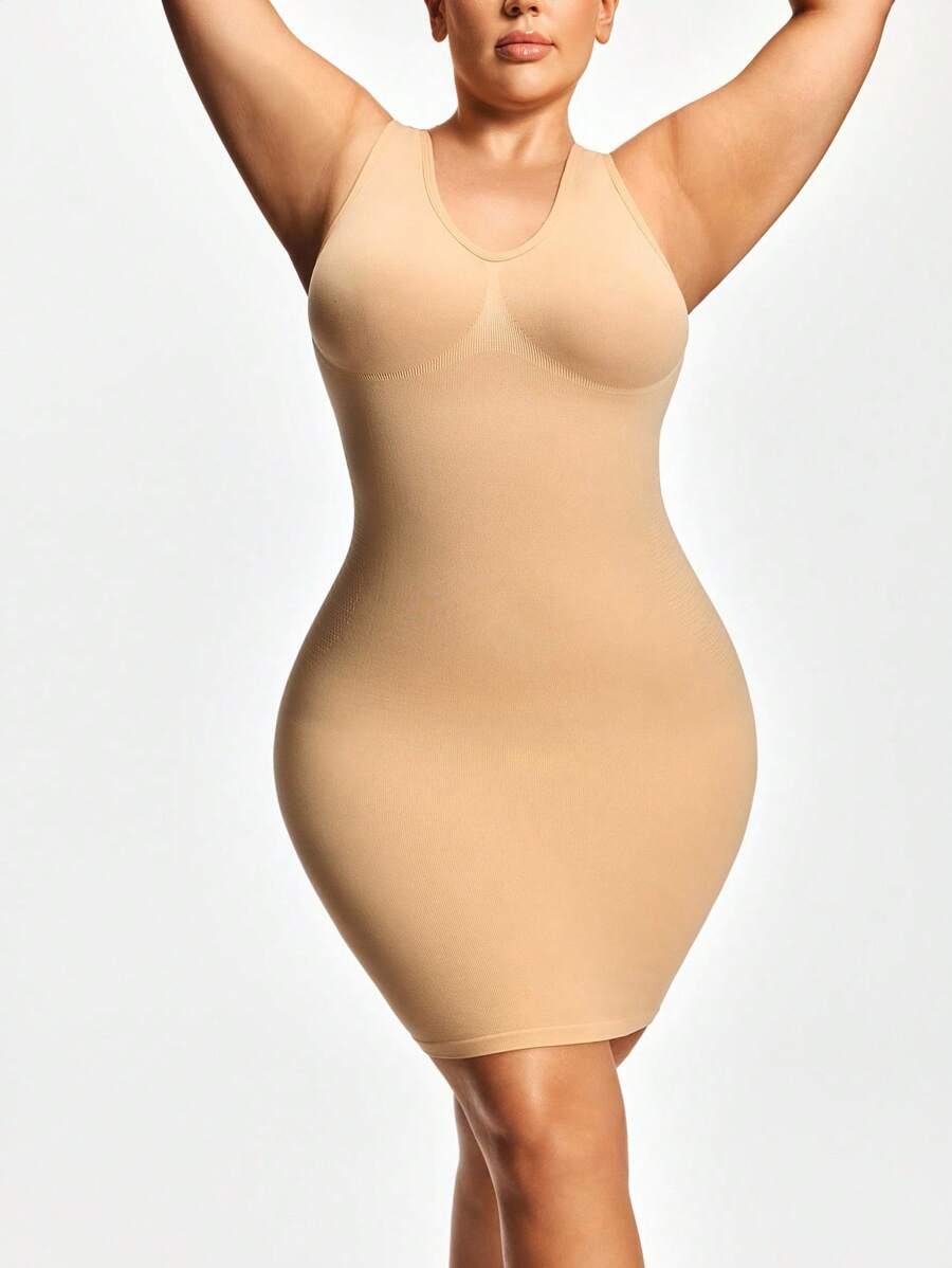 SHAPORA 大码女式V领无袖紧身连衣裙 - 杏色 - 查看 1