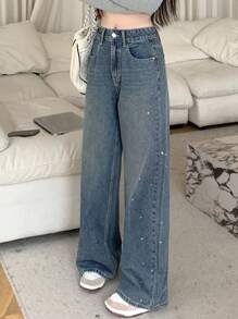 Dazy Kids Tween Girls Denim Jeans Wide Leg Jeans With Rhinestones Girls Baggy Jeans - Dark Wash - View 10
