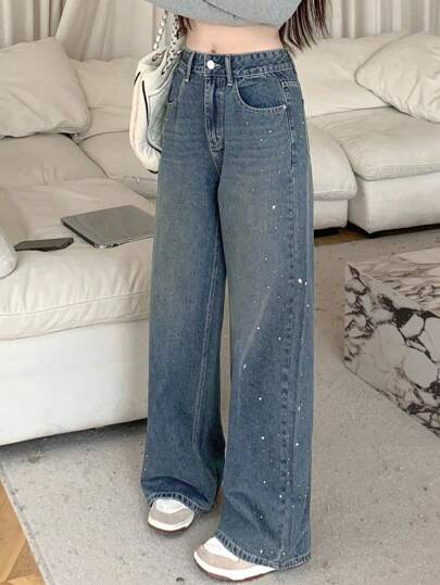Dazy Kids Quần Jeans Denim Cho Bé Gái Tuổi Teen Quần Jeans Ống Rộng Đính Đá Rhinestones Quần Jeans Rộng Cho Bé Gái