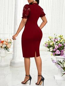 SHEIN Lady Váy midi ren tay phồng mùa hè dành cho nữ dự tiệc sinh nhật - Màu Đỏ Sâu - Xem 2