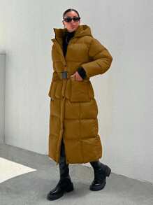EURMUSE Hooded Buckle Belt Quilted Long Puffer Women's Down Coat With Gloves - Camel - View 8