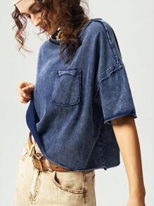 Bohemela 休闲纯色针织圆领落肩短袖宽松短款女式 T 恤