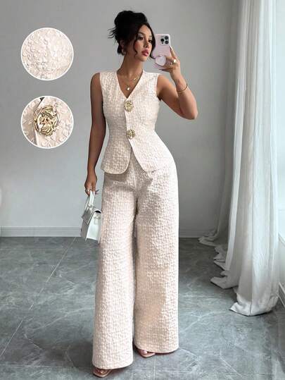 Selianne Women's Elegant Textured 2 Pieces Set, Pink, Summer Women Summer Pant Suit Pant Suit Summer Sets Linen Two Pieces Set Two Pieces Set Women Elegant Tweed Two Pieces Set