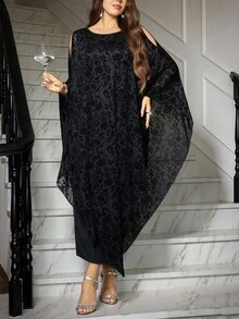 Gownix 大码女式纯色圆领露肩时尚宽松连衣裙 - 黑色 - 查看 4