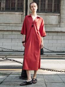 Lumivelle 女士宽松亚麻V领长连衣裙，夏季新款美拉德印花连衣裙，棕色系夏季大学校园服装 - 鏽棕色 - 查看 3