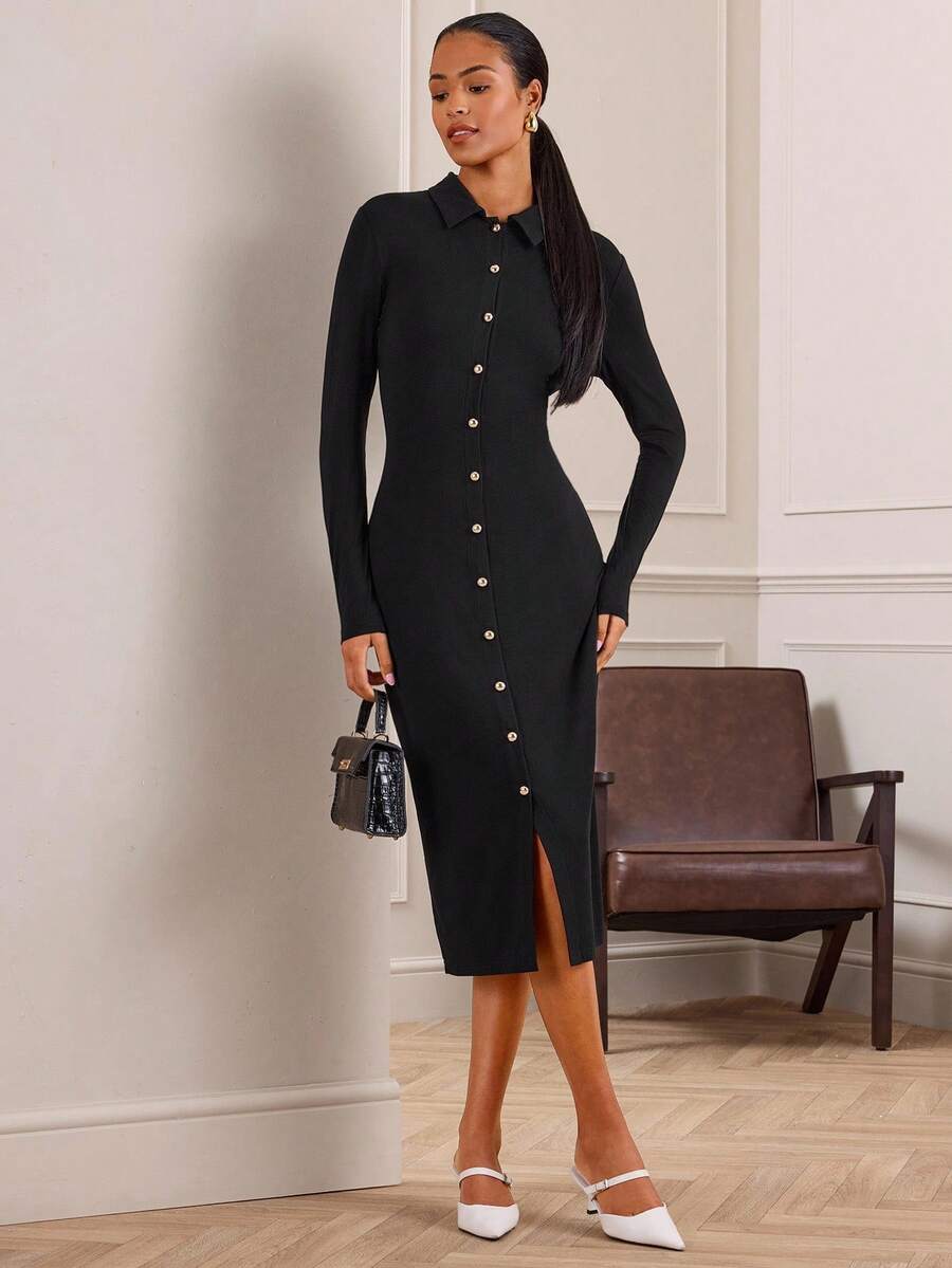 Lilora Women's Elegant Fitted Metal Collar Midi Dress Long Sleeve Black ...