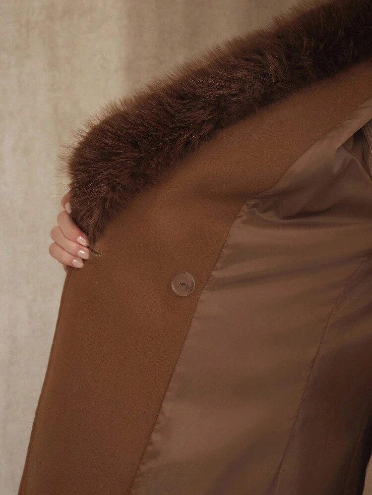 Women's Autumn/Winter Long Faux Fur Collar Detachable Belt Waist Slim Fit Casual Overcoat