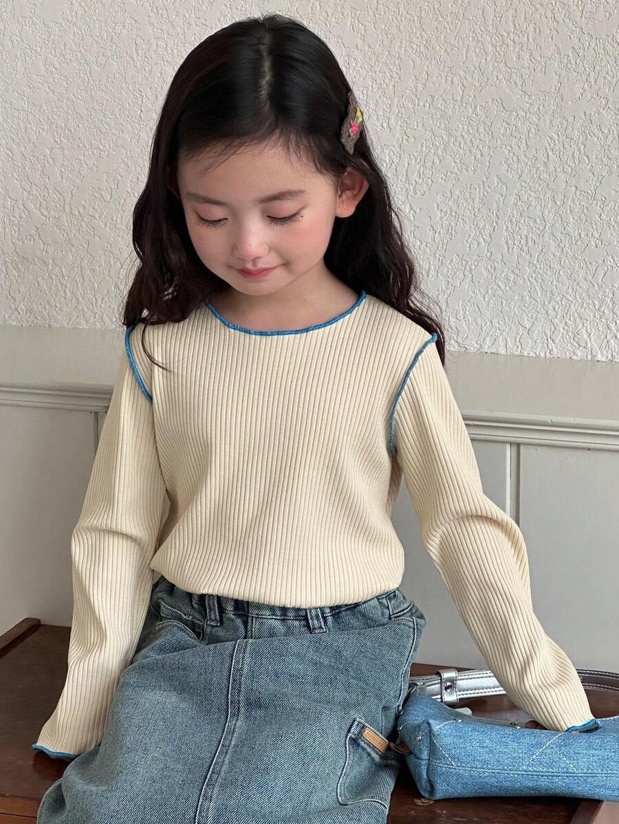 DAZY Young Girls Decorative Contrast Color Long Sleeve T-Shirt, Spring/Autumn - Beige - View 1