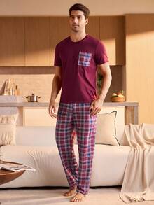 Manfinity Underwear&Sleepwear Basics 男士休闲T恤和格子裤睡衣套装 - 酒紅色 - 查看 3