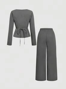 SHEIN MOD 2 件套灰色双排扣 V 领背心和裤子套装，办公室着装，复古优雅风格，学院时尚，职业，教堂女装 - 灰色 - 查看 2