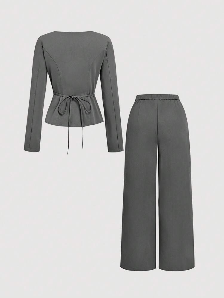 SHEIN MOD Bộ 2 món/Bộ vest cổ chữ V cài hai hàng khuy màu xám và quần âu, trang phục công sở, phong cách cổ điển thanh lịch, thời trang đại học, chuyên nghiệp, trang phục nữ đi nhà thờ - Xám - Xem 2