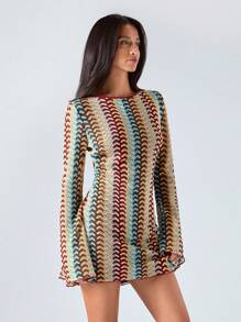 LYSMO Women's  Elegant Print Sexy Contrast Stripe Lace-Up Backless Mini Dress, Vacation Open Back Dress Crochet Dress Tie Back Dress Unique Dress Long Sleeve Dress 2025 New Arrive Minimalism Fall Women Business Casual Woman Partywear  Halloween Costumes - Multicolor - View 4