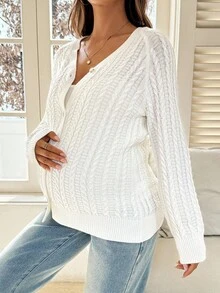 SHEIN Women's White Autumn Maternity Long Sleeve Cardigan,Smart Casual Solid Front Placket Twist Pattern Sweater For Baby Shower,Daily Fall Clothing - White - View 2