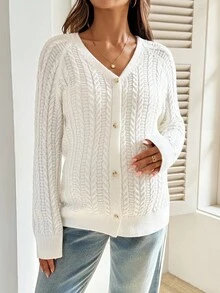 SHEIN Women's White Autumn Maternity Long Sleeve Cardigan,Smart Casual Solid Front Placket Twist Pattern Sweater For Baby Shower,Daily Fall Clothing - White - View 3