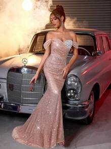 Glamrae 优雅奢华露肩连衣裙，带有亮片、亮片、网眼和褶饰美人鱼下摆，适合婚礼、派对、度假、庆典和正式活动（重度装饰） - 香檳色 - 查看 4