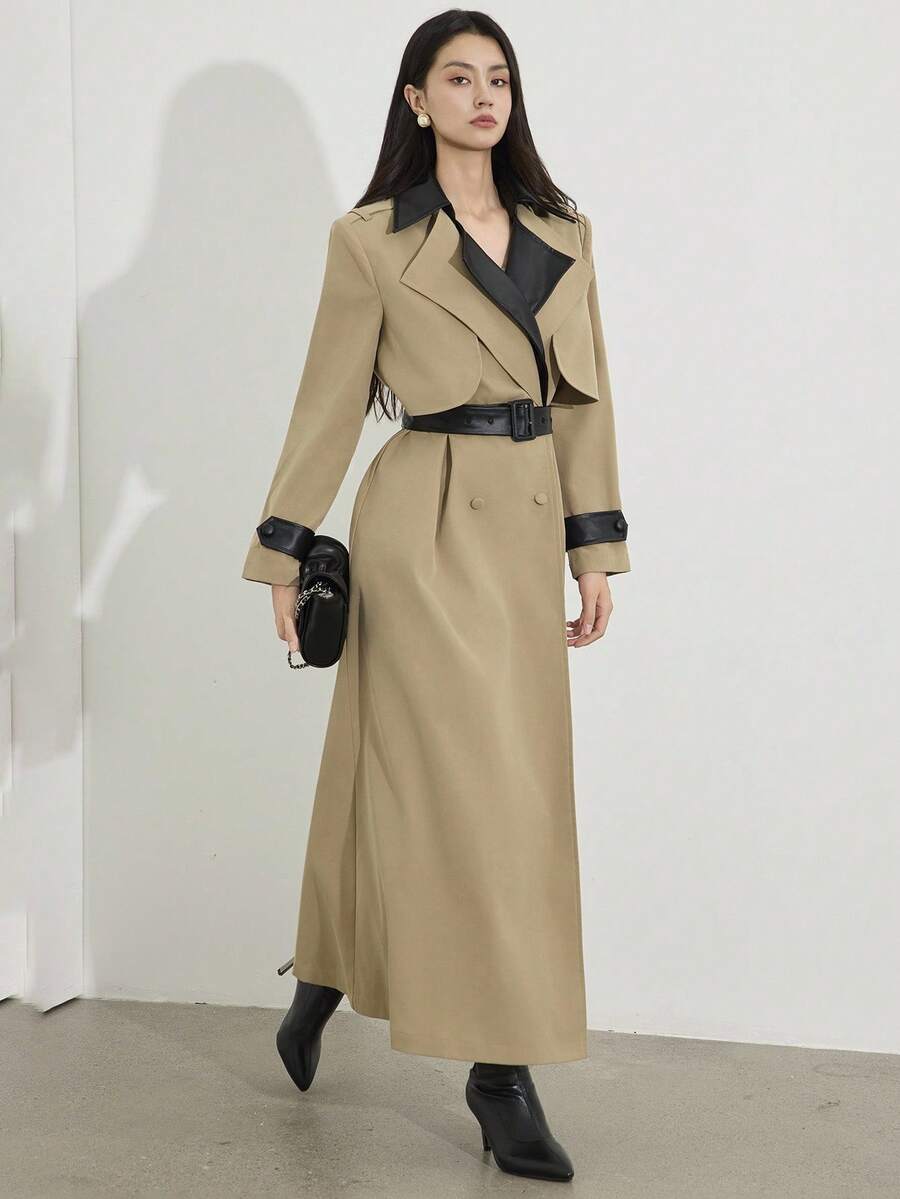 Modelyn 秋冬女士时尚休闲撞色立领腰带风衣 - 卡其色 - 查看 1