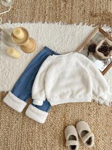 SHEIN Kleinkind Mädchen Plüsch Rundhals Langarm T-Shirt und Hose Set