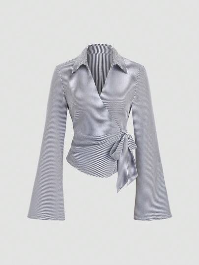 Sweetra 新款通勤百搭办公条纹蝴蝶结袖口喇叭袖女式衬衫秋季女装