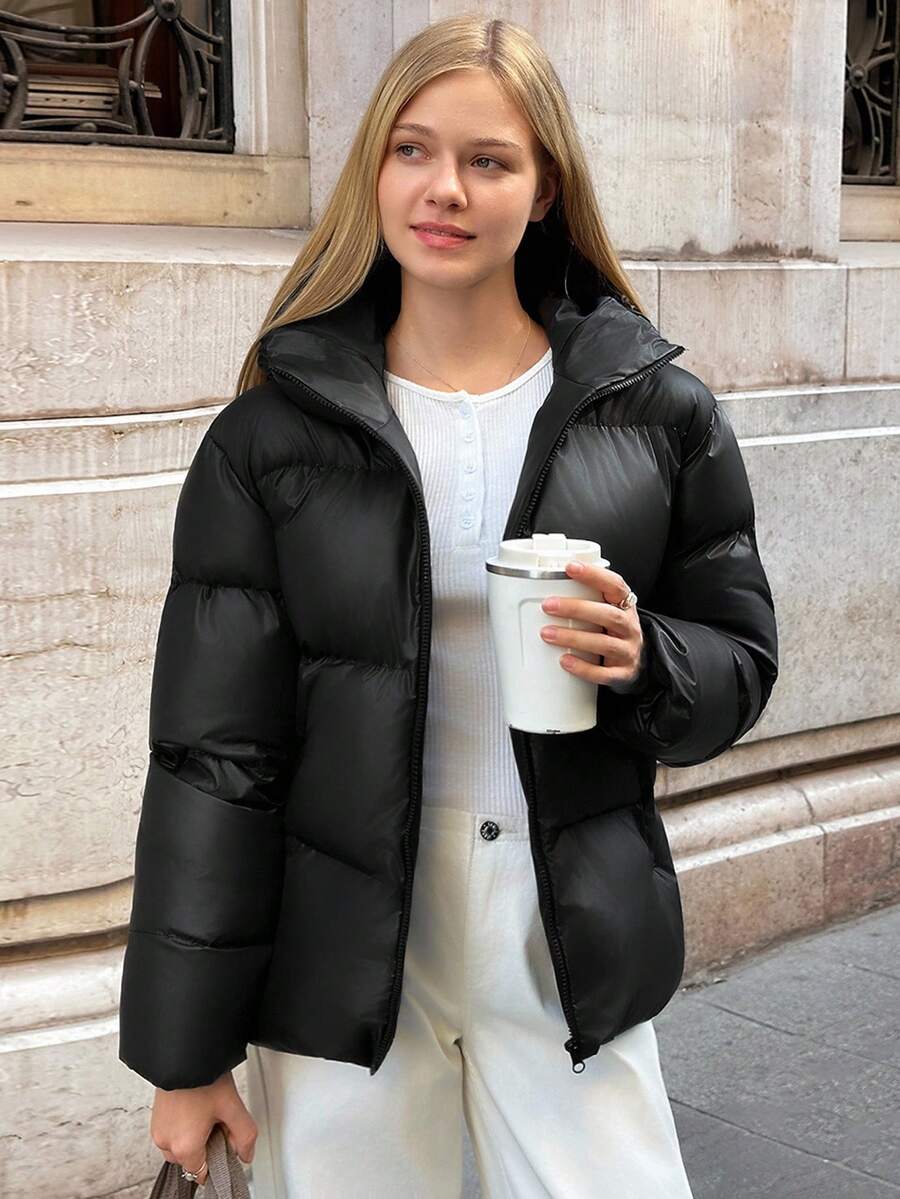 EURMUSE Veste matelassée brillante avec capuche, fermeture éclair frontale, design matelassé, poches latérales, chaude et légère, vêtement d'extérieur casual pour l'hiver, tissu imperméable
