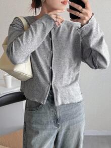 FRIFUL Women's Solid Gray Round Neck Long Sleeve Contrast Trim Button Loose Casual Versatile T-Shirt Autumn - Grey - View 6