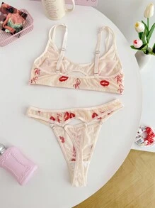 SHEIN 2件套女士唇印网眼内衣套装 - 杏色 - 查看 2