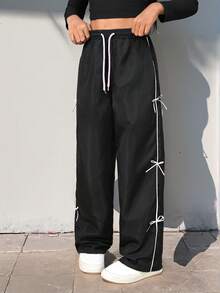 SHEIN Explorewe Tween Girl 休闲百搭百搭街头潮流复古美式运动白色饰边黑色抽绳腰部阔腿长裤 - 黑色 - 查看 3