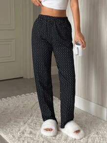 Pantalón de pijama de algodón para mujer con estampado a lunares de color contrastante