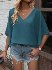 EMERY ROSE Damen Einfarbiges V-Ausschnitt Fledermausärmel Locker Lässig Hemd