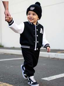 Baby/Toddler Unisex Casual Comfortable Varsity Contrast Sleeve Baseball Jacket,In Fall/Winter - Black and White - View 4