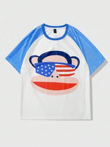 ROMWE MEN Paul Frank X ROMWE Men's Summer Casual Monkey Print Short Sleeve T-Shirt - Blue and White - View 1