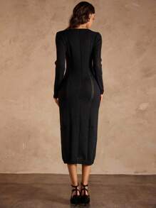 Chiquease 女式长袖镂空超长毛衣裙，性感低领，秋冬 - 黑色 - 查看 2