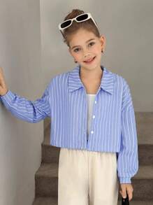 SHEIN Tween Girls Long Sleeve Blue Striped Loose Cropped Shirt - Blue - View 4