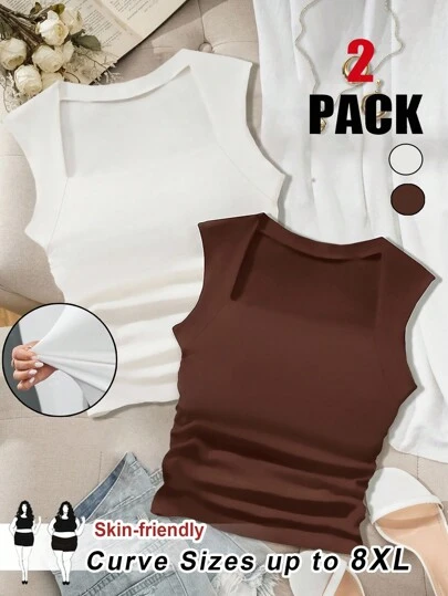 SHEIN CURVE+ 2 件大码休闲纯色短款女式背心，夏季女装，冬季，CURVE PLUS/秋冬