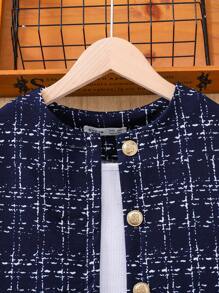 SHEIN Leap Crew Tween Girl Urban Fashion Long Sleeve Plaid Jacket & Bodycon Mini Skirt 2Pcs Set - Navy Blue - View 6