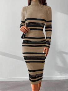 EURMUSE Striped Print Turtleneck Bodycon Jumper Dress - Mocha Brown - View 3