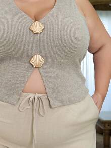Pretty and Ole Women Plus Size Ribbed Metallic Shell Camisole Top - Camel - View 3