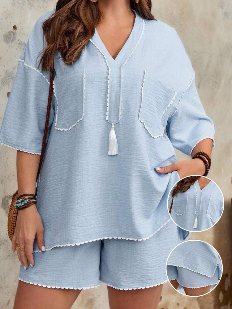 2pcs/Set Plus Size Women's Summer Casual  Lace Patchwork Blue Shirt And Shorts  Set With Pockets,,Summer Holiday,Vacation Outfits Women,Simple And Fashionable For Everyday Wear,Vacay Vibes,Springbreak,Casual Wear SS,Bohemia,Lounge Sets For Women