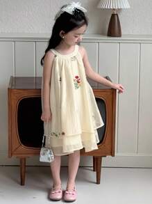 Dazy Kids 少女圆领刺绣花卉优雅中长款派对连衣裙 - 杏色 - 查看 4