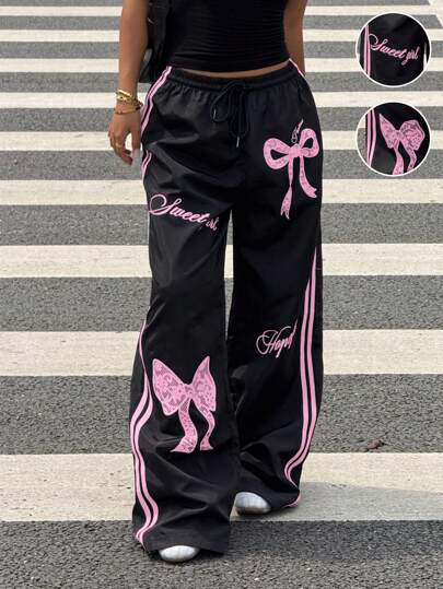 Muchica Y2k Bottoms Woven Black Pants With Pink Bow Print Wide Leg Trousers,Fall