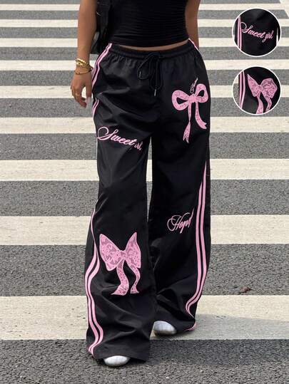 Muchica Y2k Bottoms Woven Black Pants With Pink Bow Print Wide Leg Trousers,Fall