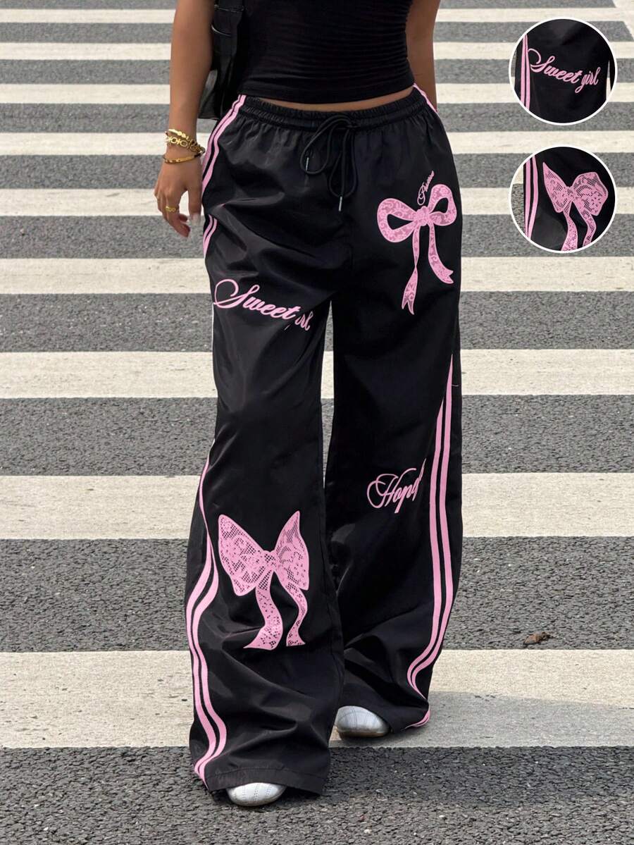 Muchica Y2k Bottoms Woven Black Pants With Pink Bow Print Wide Leg Trousers,Fall